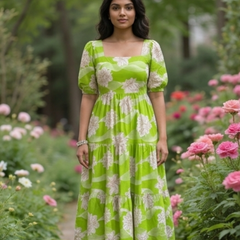 Elegant Lime Green Floral Midi Dress for Women