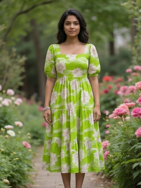 Elegant Lime Green Floral Midi Dress for Women