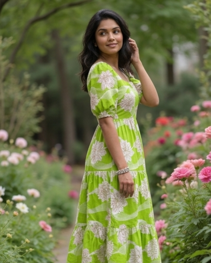 Elegant Lime Green Floral Midi Dress for Women