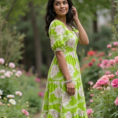 Elegant Lime Green Floral Midi Dress for Women