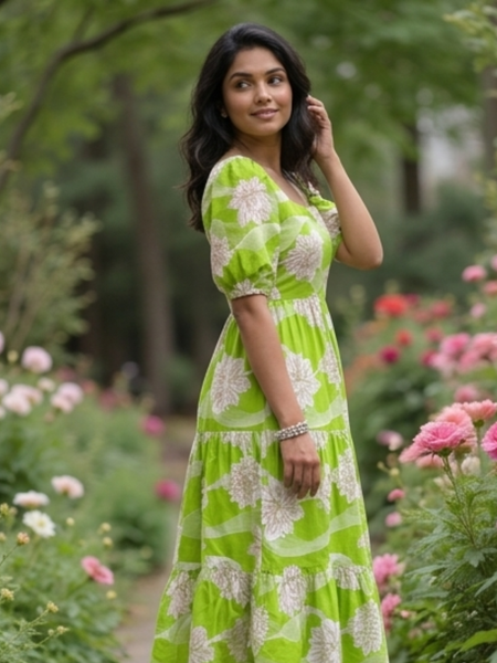 Elegant Lime Green Floral Midi Dress for Women