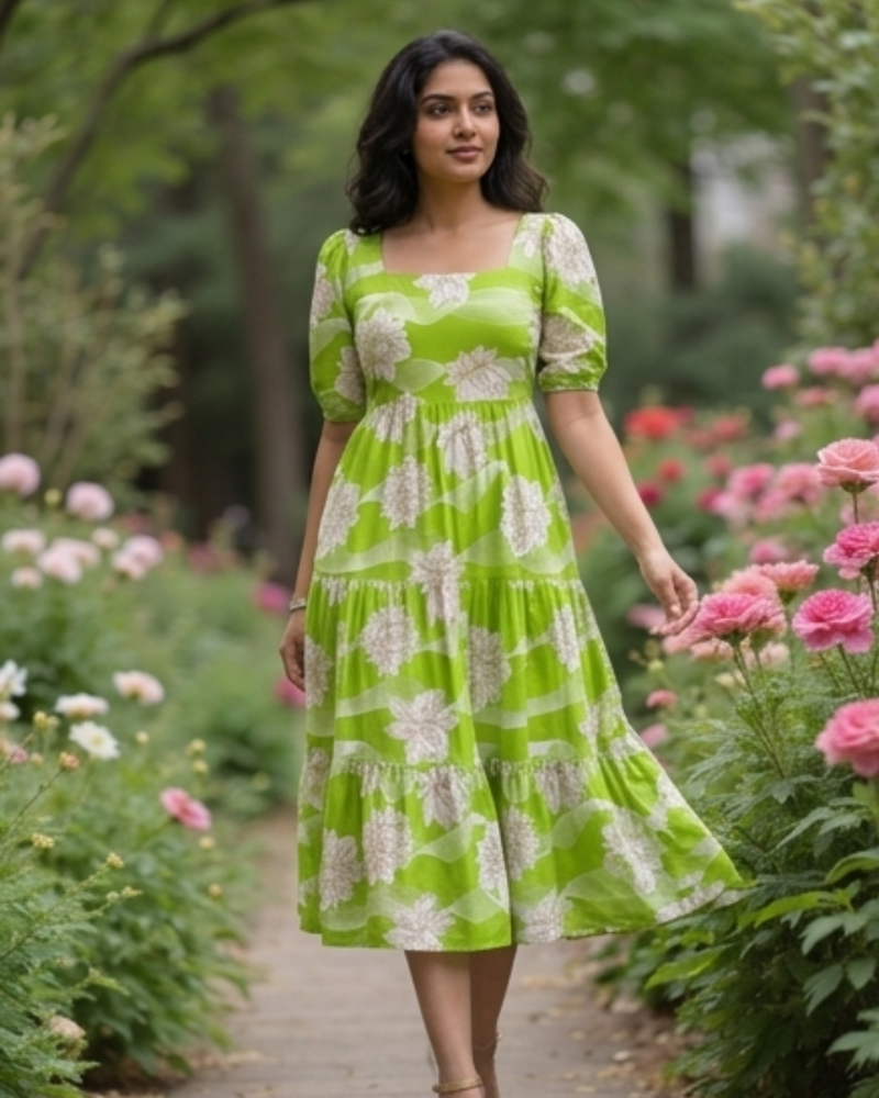 Elegant Lime Green Floral Midi Dress for Women