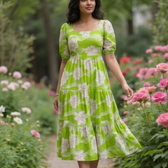 Elegant Lime Green Floral Midi Dress for Women