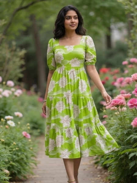 Elegant Lime Green Floral Midi Dress for Women