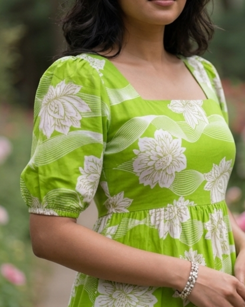 Elegant Lime Green Floral Midi Dress for Women