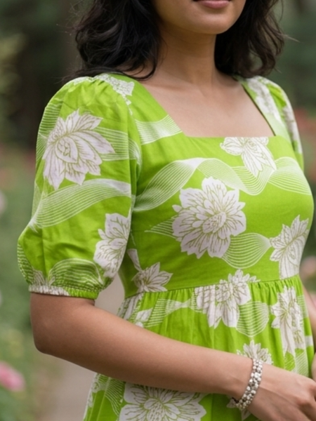 Elegant Lime Green Floral Midi Dress for Women