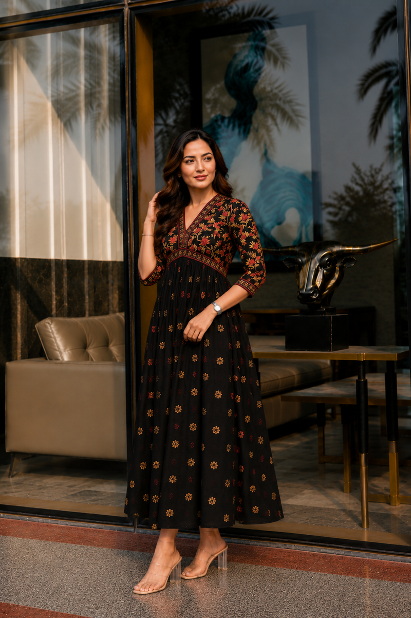 Classic Black Printed Rayon Kurta for Women