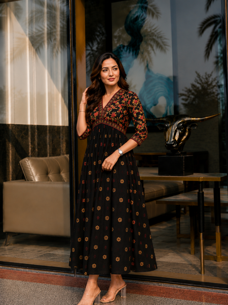 Classic Black Printed Rayon Kurta for Women