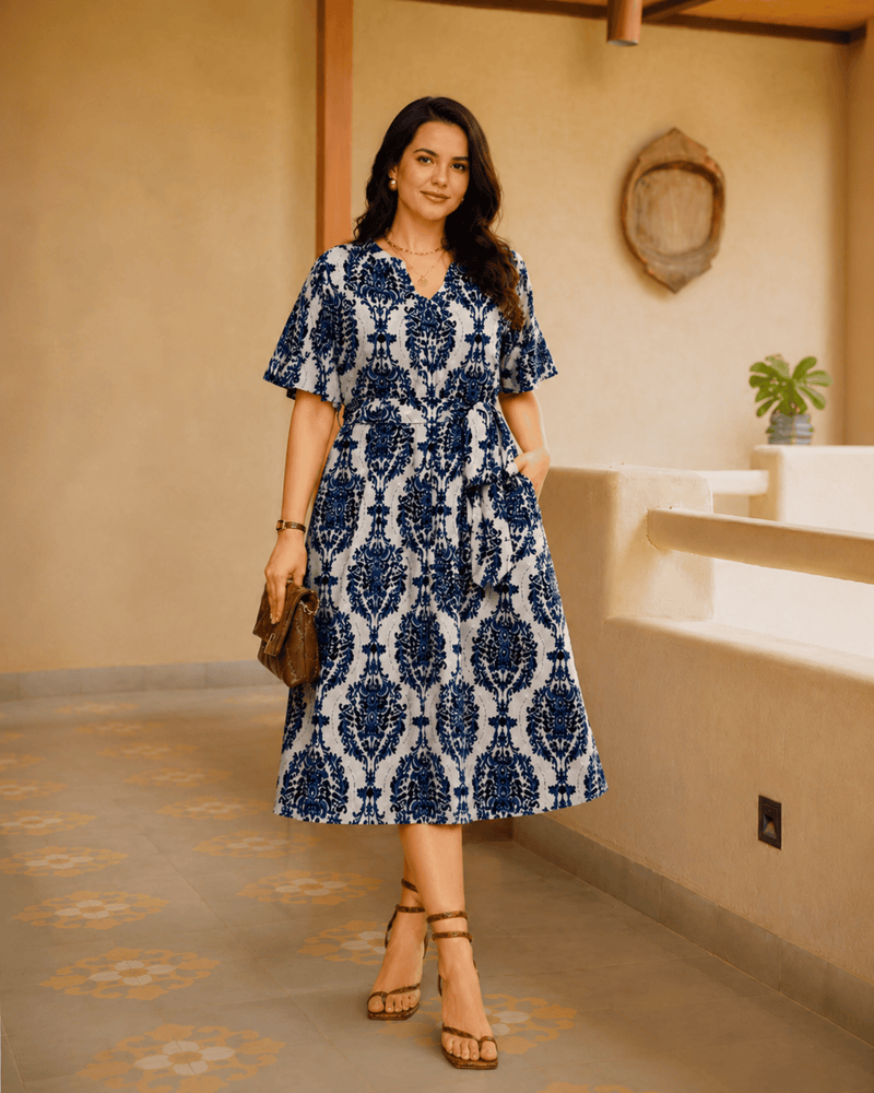 Women's Blue Printed Rayon Midi Dress | V-Neck Casual A-Line Dress