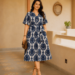 Women's Blue Printed Rayon Midi Dress | V-Neck Casual A-Line Dress
