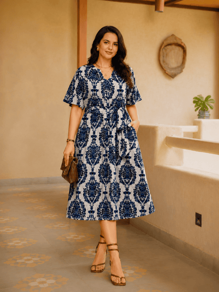 Women's Blue Printed Rayon Midi Dress | V-Neck Casual A-Line Dress