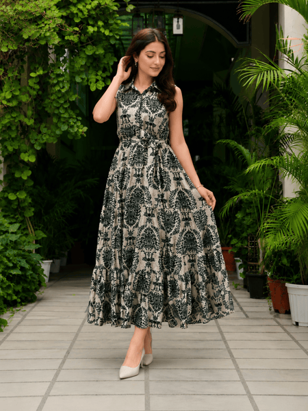 Women's Green Printed Sleeveless  Dress | Elegant Casual Dress