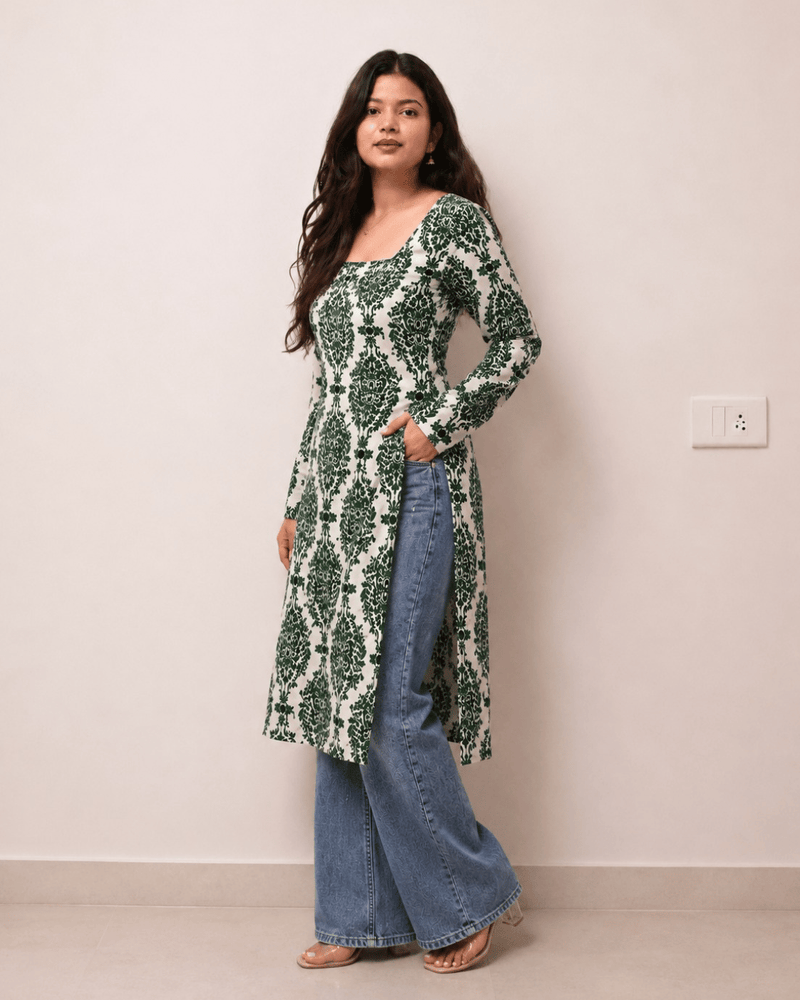 Women's Green Printed Rayon Long Kurti | Square Neck Casual Ethnic Wear