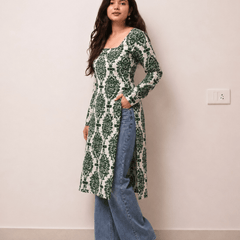 Women's Green Printed Rayon Long Kurti | Square Neck Casual Ethnic Wear
