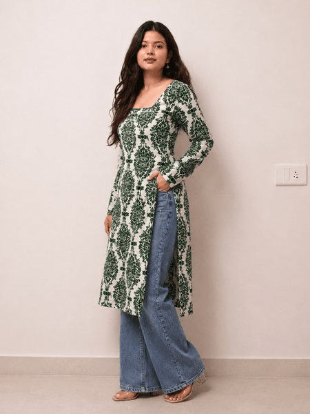Women's Green Printed Rayon Long Kurti | Square Neck Casual Ethnic Wear
