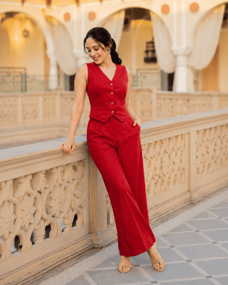 Women's Red Cotton Flex Sleeveless Co-Ord Set | Casual & Stylish Outfit