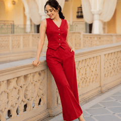 Women's Red Cotton Flex Sleeveless Co-Ord Set | Casual & Stylish Outfit