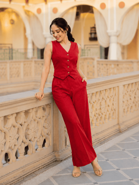 Women's Red Cotton Flex Sleeveless Co-Ord Set | Casual & Stylish Outfit