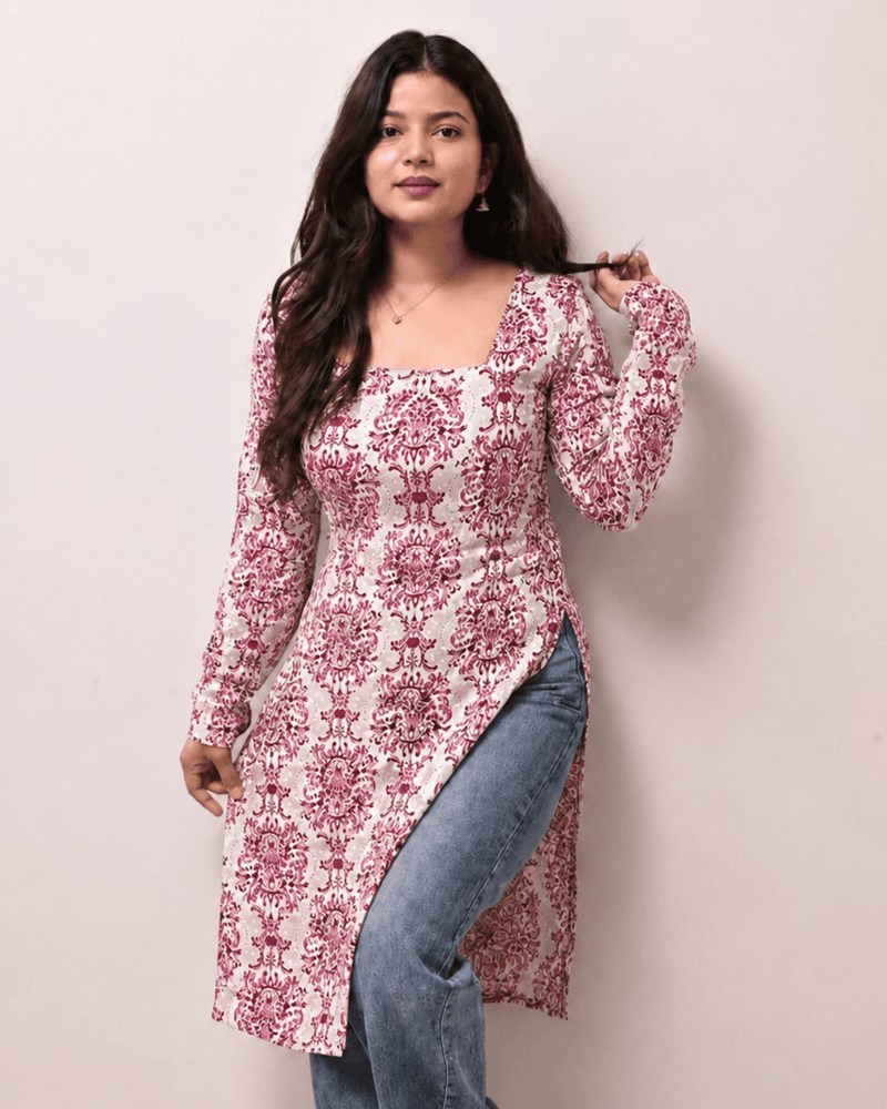 Women's Printed Rayon Long Kurti | Square Neck Casual Ethnic Wear