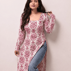Women's Printed Rayon Long Kurti | Square Neck Casual Ethnic Wear