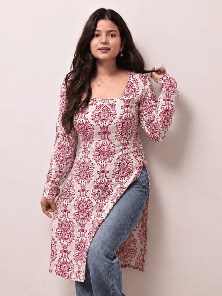 Women's Pink Printed Rayon Long Kurti | Square Neck Casual Ethnic Wear