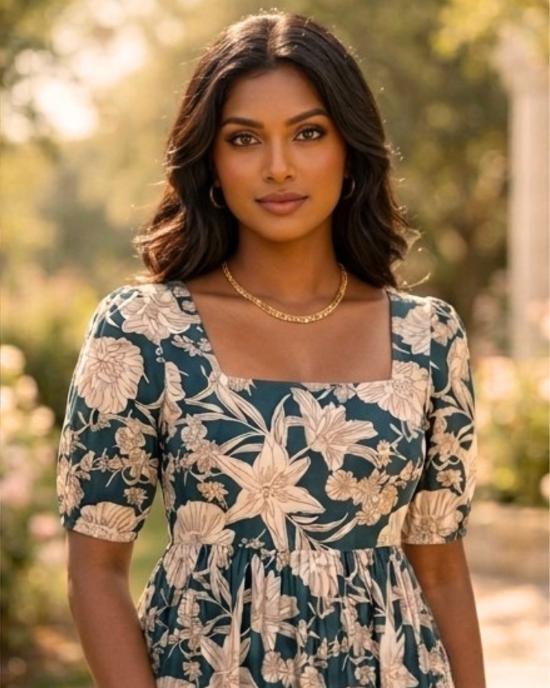 Vintage Bloom Square Neck Midi Dress