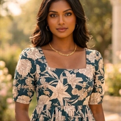 Vintage Bloom Square Neck Midi Dress