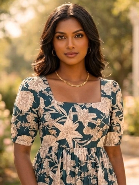 Vintage Bloom Square Neck Midi Dress