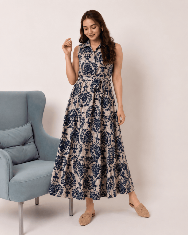 Women's Blue Printed Sleeveless  Dress | Elegant Casual Dress