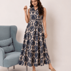 Women's Blue Printed Sleeveless  Dress | Elegant Casual Dress