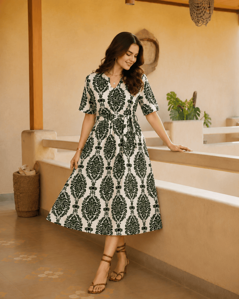 Women's Green Printed Rayon Midi Dress | V-Neck Casual A-Line Dress