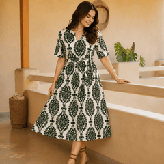 Women's Green Printed Rayon Midi Dress | V-Neck Casual A-Line Dress
