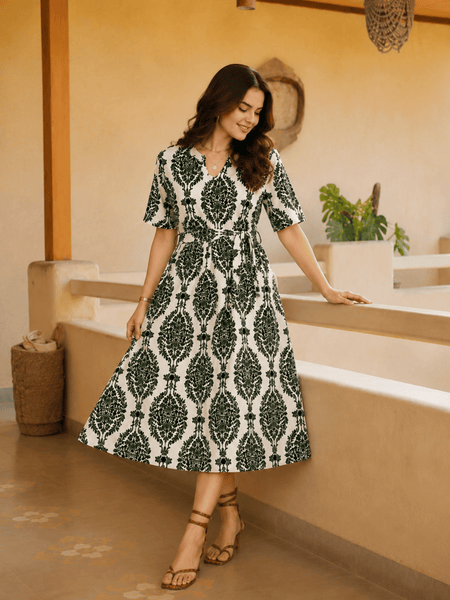 Women's Green Printed Rayon Midi Dress | V-Neck Casual A-Line Dress