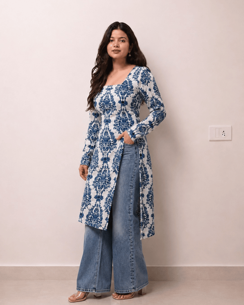 Women's Blue Printed Rayon Long Kurti | Square Neck Casual Ethnic Wear