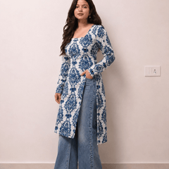 Women's Blue Printed Rayon Long Kurti | Square Neck Casual Ethnic Wear