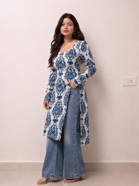 Women's Blue Printed Rayon Long Kurti | Square Neck Casual Ethnic Wear