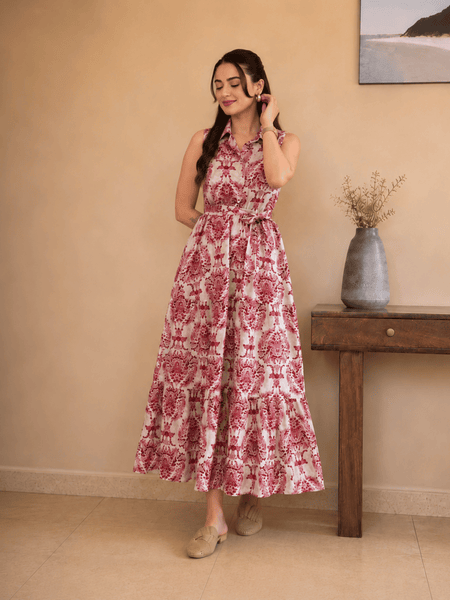Women's Wine Printed Sleeveless  Dress | Elegant Casual Dress