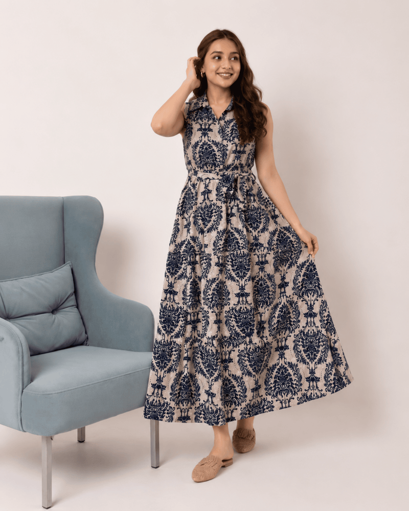 Women's Blue Printed Sleeveless  Dress | Elegant Casual Dress