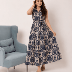 Women's Blue Printed Sleeveless  Dress | Elegant Casual Dress