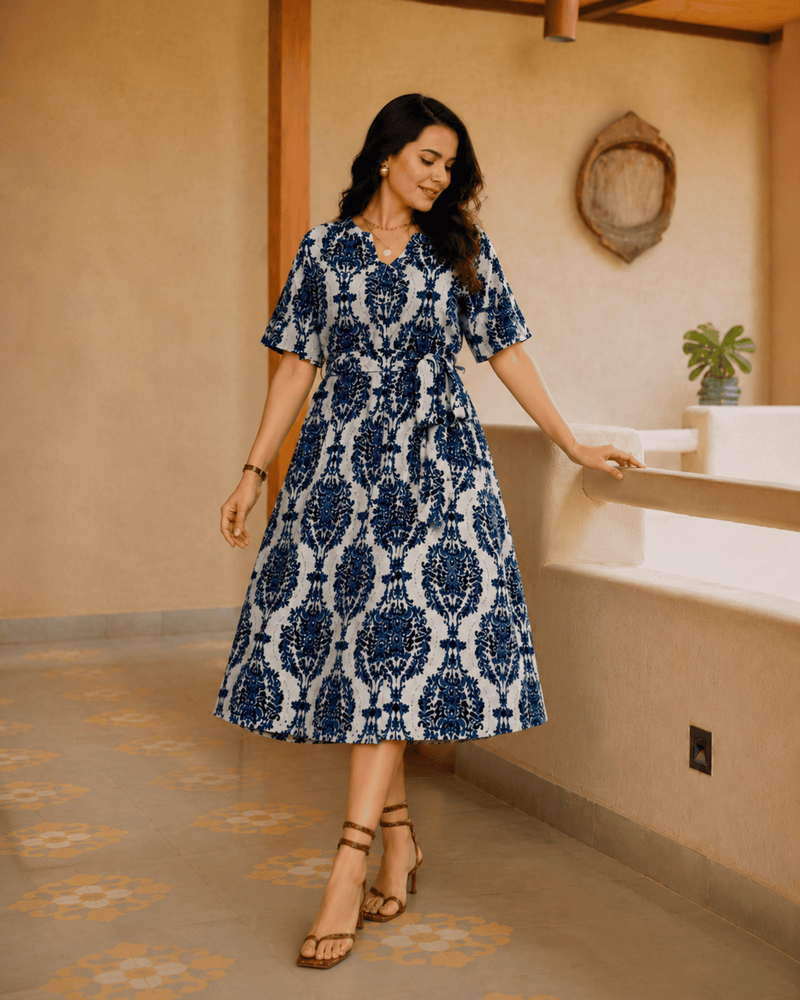 Women's Blue Printed Rayon Midi Dress | V-Neck Casual A-Line Dress