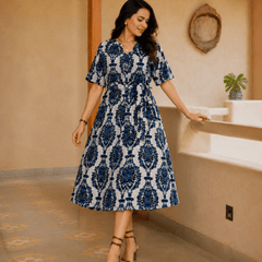 Women's Blue Printed Rayon Midi Dress | V-Neck Casual A-Line Dress