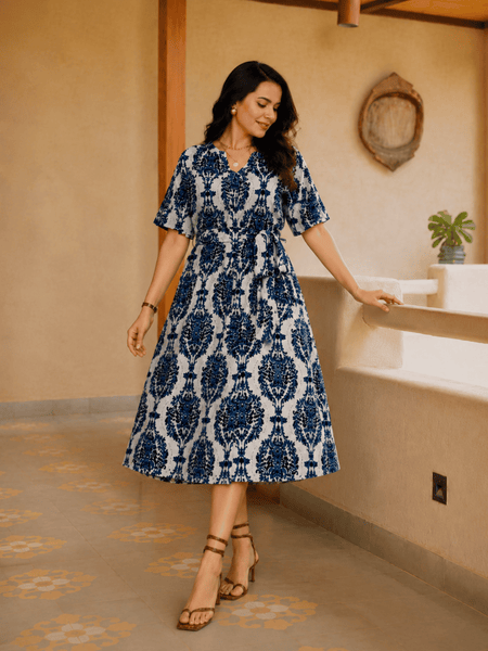 Women's Blue Printed Rayon Midi Dress | V-Neck Casual A-Line Dress