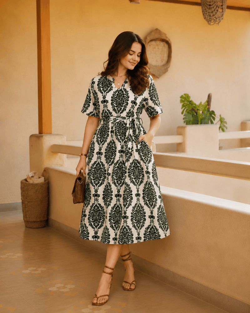 Women's Green Printed Rayon Midi Dress | V-Neck Casual A-Line Dress