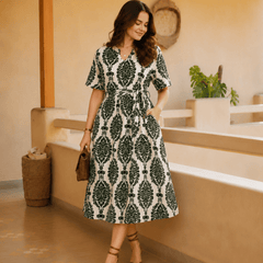 Women's Green Printed Rayon Midi Dress | V-Neck Casual A-Line Dress