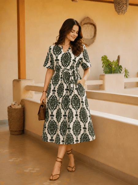 Women's Green Printed Rayon Midi Dress | V-Neck Casual A-Line Dress
