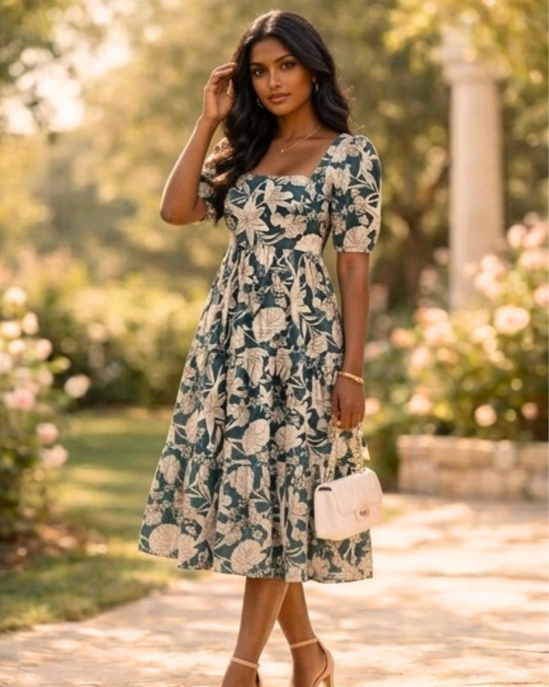 Vintage Bloom Square Neck Midi Dress