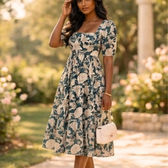 Vintage Bloom Square Neck Midi Dress