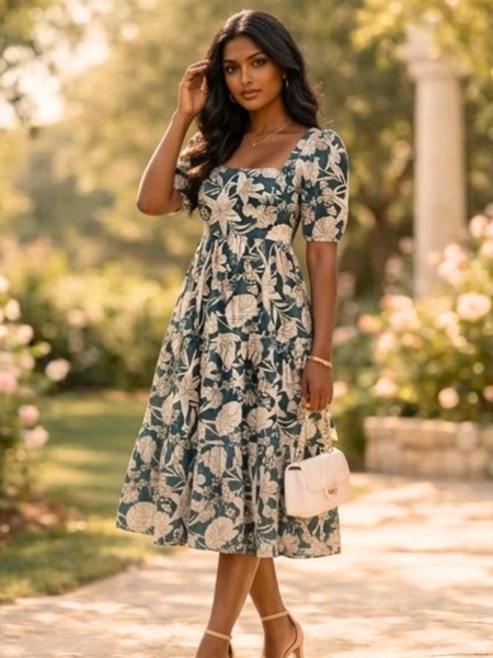 Vintage Bloom Square Neck Midi Dress