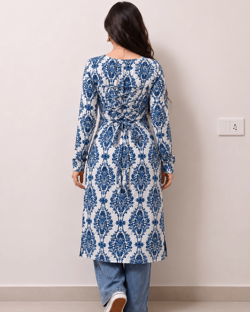 Women's Blue Printed Rayon Long Kurti | Square Neck Casual Ethnic Wear