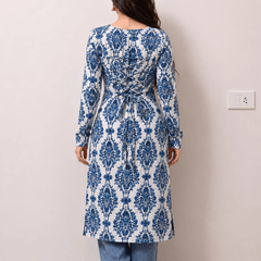 Women's Blue Printed Rayon Long Kurti | Square Neck Casual Ethnic Wear
